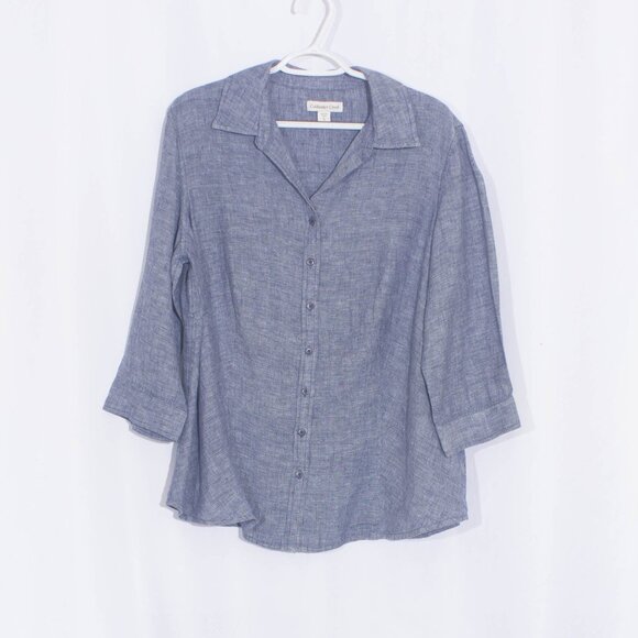 Coldwater Creek Tops - COLDWATER CREEK 100% Linen 3/4 Sleeve Blue Button Down Shirt Size XL
